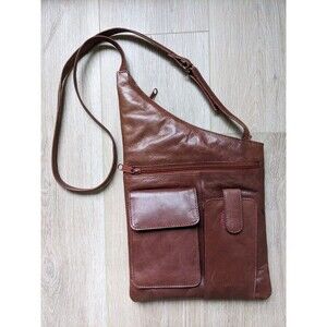 Y2K Retro Genuine Leather Brown Slanted Shoulder Crossbody Sling Bag Purse 90s